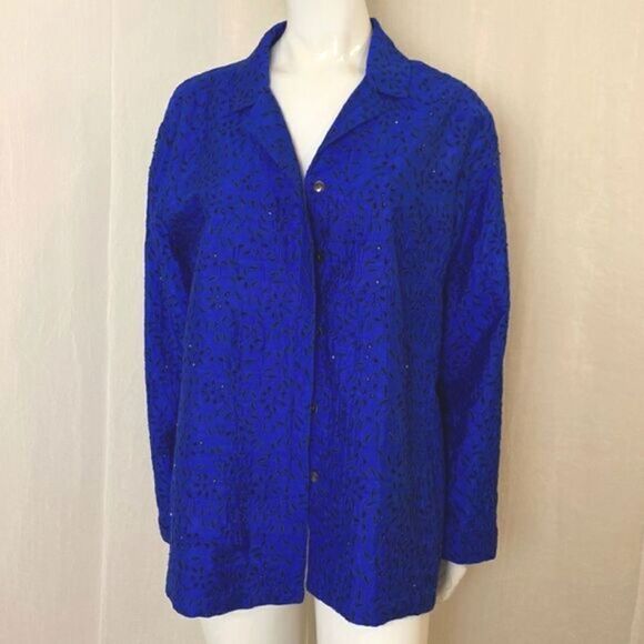 Chico’s Silk Jacket Lightweight Royal Blue with Black Embroidery Size 3 - Picture 1 of 7